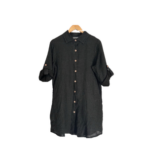 Pistache linen Button Down Shirt dress Size M Black White Polka Dot
